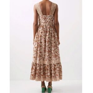 Floral-Print Lace-Trimmed Cotton Twill Midi Dress in Brown Cottagecore Prarie M